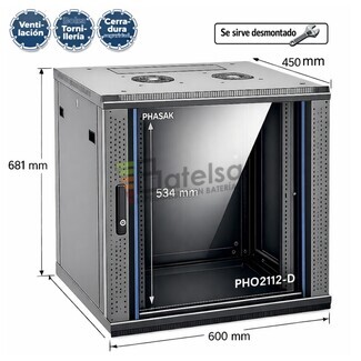Armario Rack 12U 600x450 mm desmontado | Mural Phasak Pro PHO 2112-D